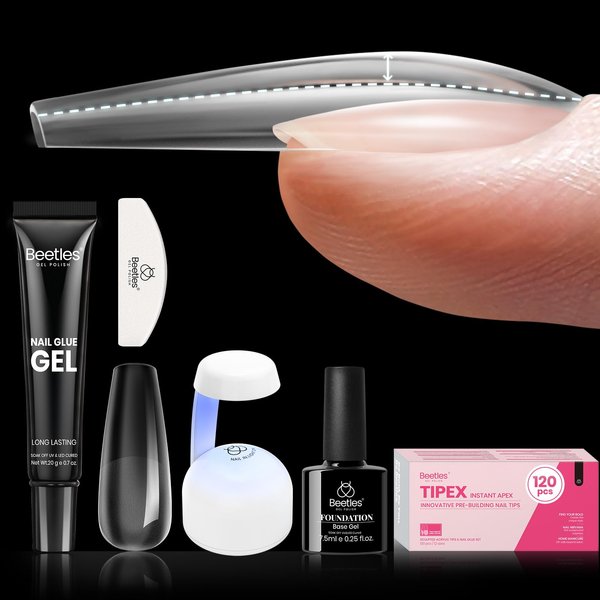 Beetles Gel Polish Tipex Gel Nail Kit Long Coffin C Curved Nail Tips 120 Pcs Pre Building Fake Nails with Uv Nail Glue, LED Nail Lamp, Base Coat, Nail File - Thick Acrylic Nail Set for Flat Nails