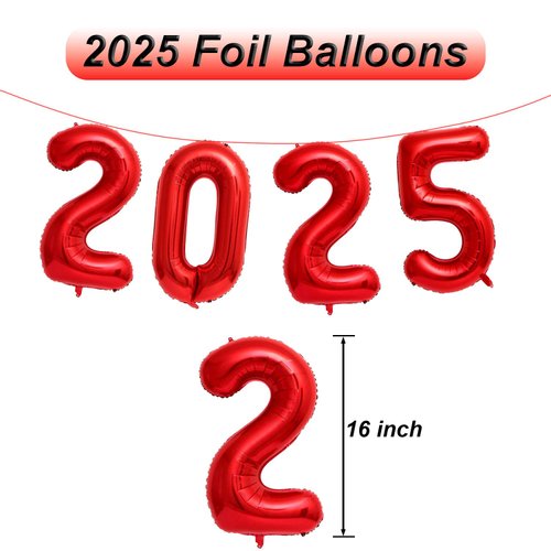 2025 Balloons, New Years Balloons, 16 Inch Red 2025 Number Balloons for New Years Decorations 2025, New Years Eve Party Supplies 2025, Christmas, Birthday, Graduations