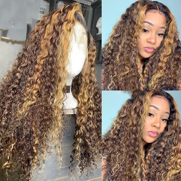 Ombre Highlights Lace Front Colored Human Hair Wig for Black Women, 14 Inch Chocolate Brown with Honey Blonde Highlights Lace Wig Pre Plucked Hairline with Baby Hair Human Hair Curly Wig 150% Density