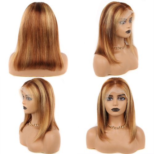 Highlight Ombre Bob Wig Human Hair Honey Blonde P4/27 Human Hair Bob Straight Wigs Pre Plucked 13x4 Lace Front Bob Wigs with Natural Hairline for Women 180% Density 14 Inches
