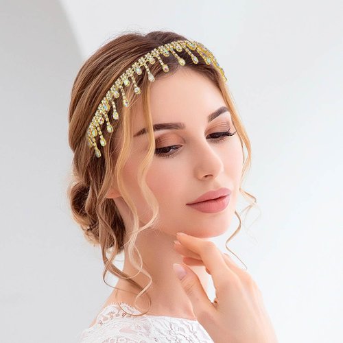 Fstrend Rhinestone Head Chain Tassel Elastic Crystal Hair Band Forehead Bridal Headband Prom Headpieces for Women (AB Gold)
