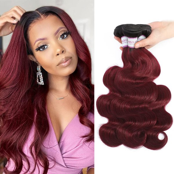 Burgundy Ombre Brazilian Hair Body Wave 3 Bundles, 10A Grade 100% Unprocessed Human Hair, 99J Wet and Wavy Human Hair Weave Bundles (20"22"24")