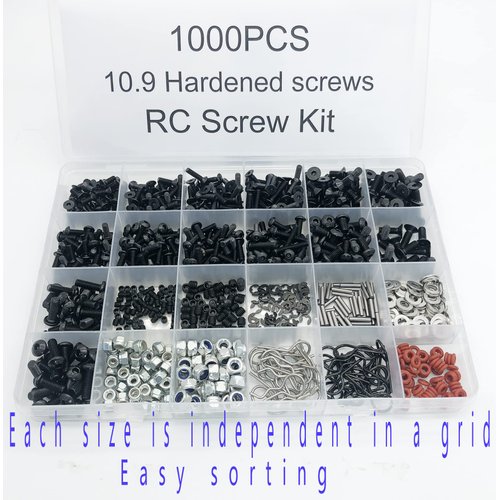 1000pcs Universal RC Screw Kit Screws Assortment,Set Hardware Fasteners for Traxxas Axial Redcat HPI Arrma SCX10 Losi 1/8 1/10 1/12 1/16 Scale RC Cars Trucks Crawler, RC Screw Kit, Car Body Clips Pins
