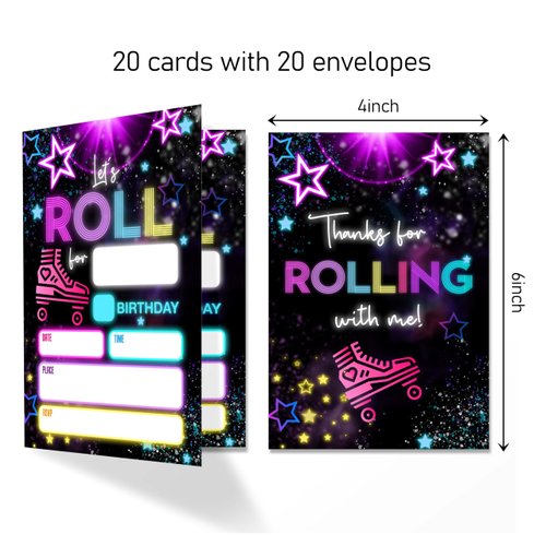ANYEMW 4x6 Roller Skate Birthday Invitation, Party Invitations, Glow Neon Party Favors, Roller Skate Party Decorations, Kids Birthday Invitations, 20 Cards with 20 Envelopes.(25) (roller(25))