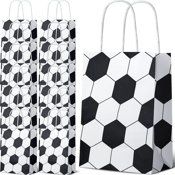 Fainne 30 Pcs Soccer Party Favor Bags Soccer Goodie Bags with Handles Sports Themed Print Present Candy Gifts Bags Bulk for Team Birthday Party Supplies