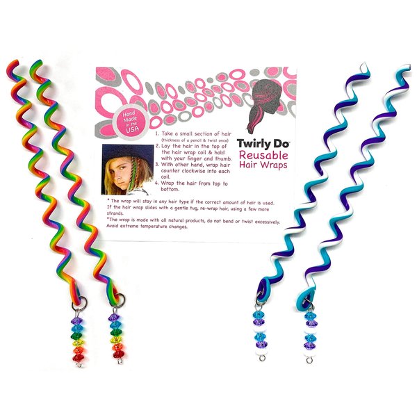 Collect Four (4) 2-Rainbow & 2 W/P/P 5" Twirly Do Reusable Hair Wrap Twist Braid Barrette
