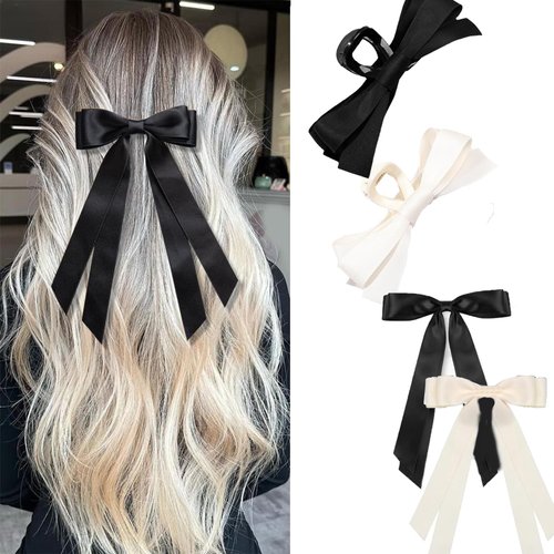 4PCS Hair Bows for Women, Black Hair Bow White Hair Bows with Silky Satin, Bow Hair Clips, Bow Claw Clip for Thick Thin Hair, Hair Accessories for Valentine's Gifts (Rice White+Black)