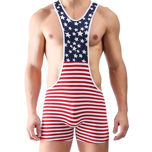 sandbank Men American Flag Wrestling Singlet Jockstrap Bodysuit Active Underwear (L, Red & Blue #2)