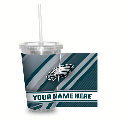 Rico Industries NFL Football Philadelphia Eagles 16oz Personalized Tumbler W/Straw - Team Colored Travel Tumbler - Keeps Drinks Cold or Hot- Reusable Straw Included