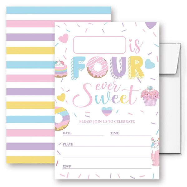 LoaHak Four Ever Sweet Birthday Invitation, Donut Invitation, Donut party favors for kids, birthday party invitations. (011)