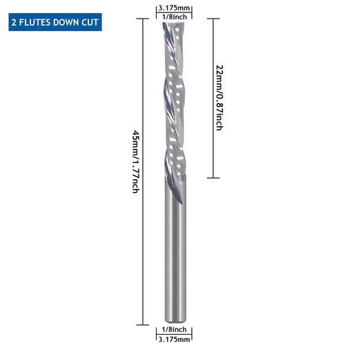 HOZLY 3.175mmX22mm Left Handed 2 Spiral Flute Bits Down Cut Carbide Endmill Cutter Pack Of 5