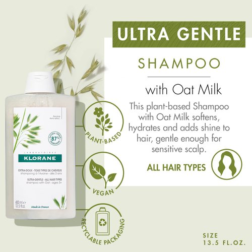 Klorane Ultra-Gentle Shampoo with Oat Milk, Sulfate-Free, Dermatologist and Pediatric Tested, Hypoallergenic, Vegan, Plant-based, Biodegradable, 13.5 Ounce (Pack of 1)