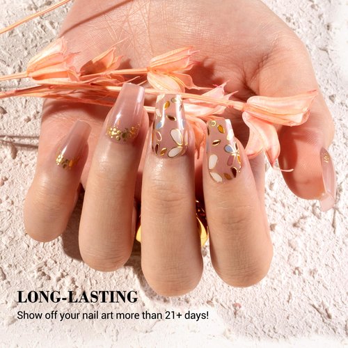 MelodySusie Semi Cured Gel Nail Strips (Brown Petals), Works with Nail Lamp, Salon Quality, Long Lasting, Easy to Apply and Remove, Includes 20Pcs, 2 Prep Pads, Nail File and Wooden Stick