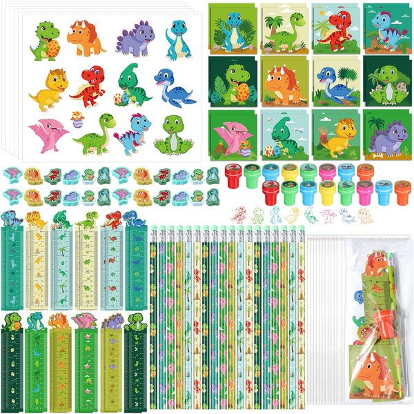 PerKoop 24 Pack Dinosaur Party Favors Dinosaur Birthday Party Supplies Dinosaur Goodie Bags for Boys Girls Birthday with Notebook Pencil Sticker Stamp stationery Gift Bag Fillers Piñata Stuffers Prize