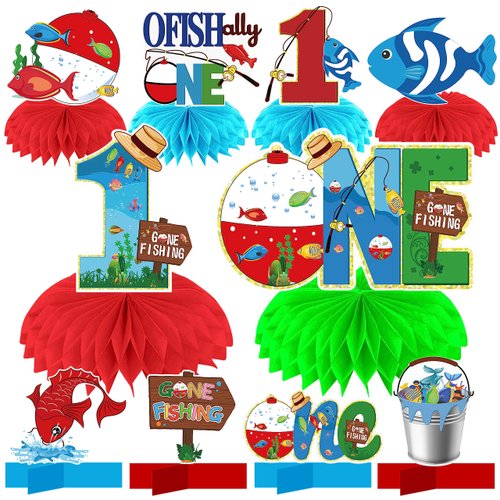 Kuxriox 10Pcs Ofishally One Birthday Decorations Honeycomb Centerpieces for Baby Boy Girl, Gone Fishing 1st Bday Theme Table Centerpieces Party Supplies, Funny One Year Old Fishing Bday Table Toppers