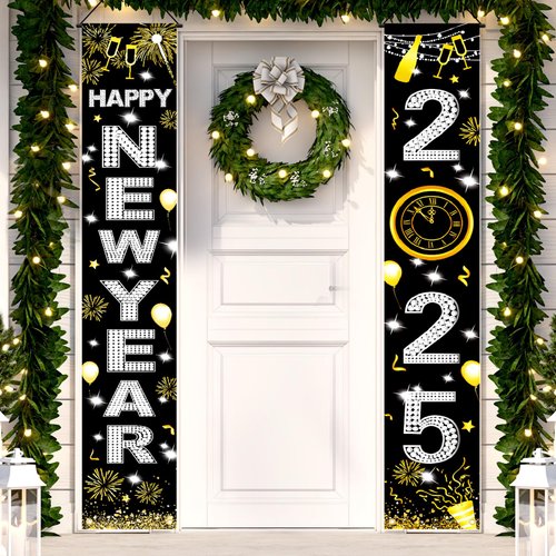New Years Decorations 2025, Happy New Year Banner, New Years Eve Party Supplies, Happy New Year Backdrop, New Years Eve Banners for Front Porch Sign Door Banner, NYE Party Supplies Decoration 2025