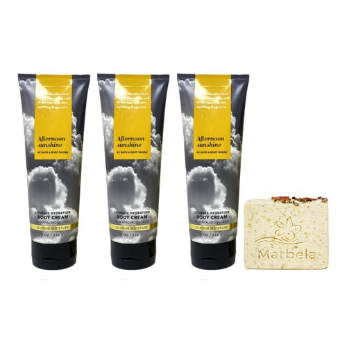 Bath & Body Works Afternoon Sunshine Ultimate Hydration Body Cream 3 Pack with a Creamy Rose Bar Soap.