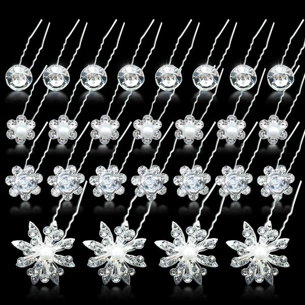 48 Pieces Crystal Wedding Hair Pins Rhinestone Flower Hair Clips Accessories Barrettes Bobby Pins U Shaped Hair Clips for Brides Bridesmaid Women and Girls
