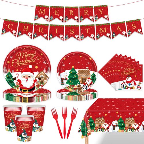 Christmas Dinnerware Set Serves 25, Holiday Party Supplies, Includes: Xmas Plates and Napkins, Paper Cups, Forks, Tablecloth, Banner, Santa Claus Snowflake Theme Merry Christmas Decorations