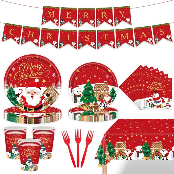 Christmas Dinnerware Set Serves 25, Holiday Party Supplies, Includes: Xmas Plates and Napkins, Paper Cups, Forks, Tablecloth, Banner, Santa Claus Snowflake Theme Merry Christmas Decorations