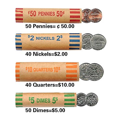 NATURALABEL 72 Assorted Coin Wrappers Rolls - 18 Quarters, 18 Pennies, 18 Nickels, 18 Dimes, Durable Preformed Paper Coins Tubes, Change Rolls Wrappers (72pcs)