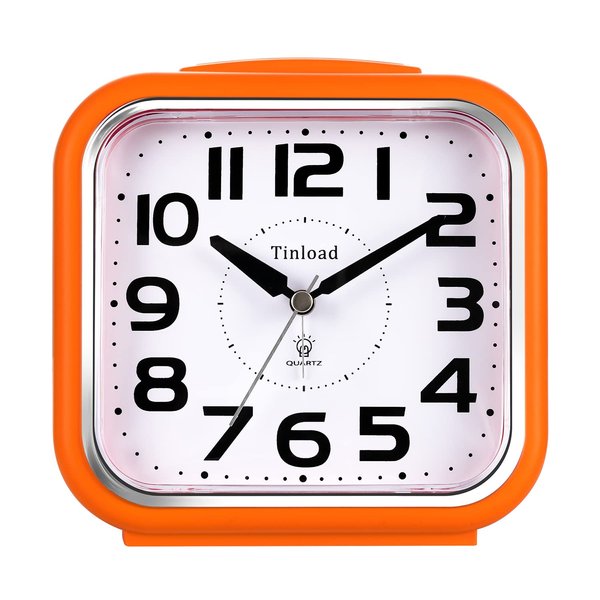 5.5" Silent Analog Alarm Clock Non Ticking, Gentle Wake, Beep Sounds, Increasing Volume, Battery Operated Snooze and Light Functions, Easy Set, Orange