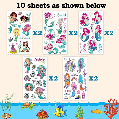 Leesgel Luminous Mermaid Party Favors, 138pcs Mermaid Temporary Tattoos for Girls, Mermaid Party Supplies