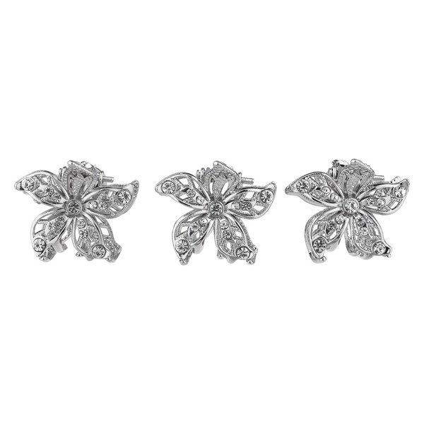 Lux Accessories Set (3pc) Floral Silver Tone Mini Clear Crystal Rhinestones Fashionable Hair Claws