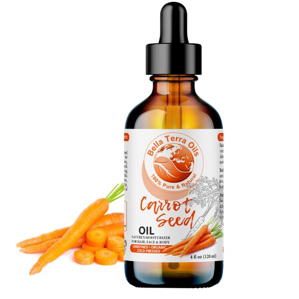 NEW Carrot Seed Oil. 4oz. Cold-pressed. Unrefined. Organic. 100% Pure. Daucus Carota. Hexane-free. Rejuvenates Skin and Softens Hair. Natural Moisturizer. For Hair, Face, Body, Nails, Stretch Marks.