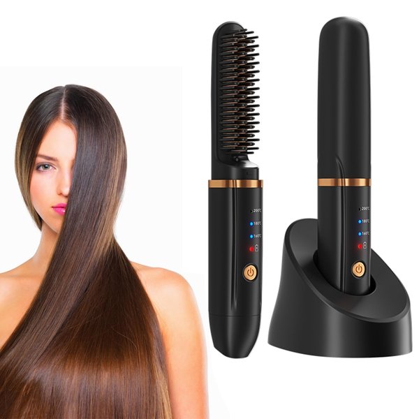 XJ-HOME Cordless Hair Straightener Brush, Portable Hair Straightener for Travel, Negative Ion Straightening Brush, Lightweight, 20min Auto Power Off, Flat Iron Comb for Thick Curly Hair, Black Gold