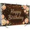 Starlit Patio Happy Birthday Backdrop 71 X 43 Inch Rustic Dark Wood Floral Banner with Gold Glitter Lettering Cream Rose and Lights for Women Birthday Party Decorations Indoor Outdoor Use
