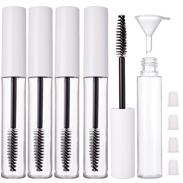 YITOU 4 Pack 10ml Empty Mascara Tube with Brush Wand, Refillable Eyelash Cream Container DIY Cosmetics Bottle for Castor Oil/Eyebrow Growth Serum/Coconut Oil, 4 Rubber Inserts, 1 Funnel, White