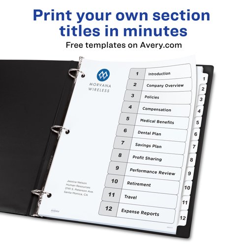 Avery 12 Tab Dividers for 3 Ring Binders, Customizable Table of Contents, Classic White Tabs, 3 Sets (11078)