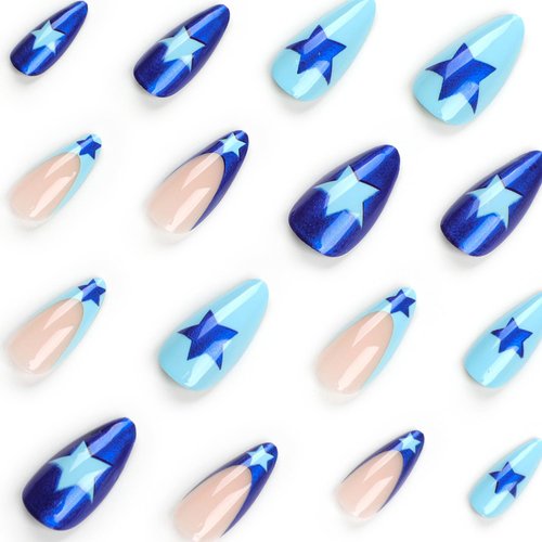 Almond Press on Nails Medium French Tip Fake Nails Blue Full Cover Stick on Nails with Stars Designs Glossy Acrylic Nails Artificial Fall Nails Y2K False Nails for Women Girls 24 Pcs