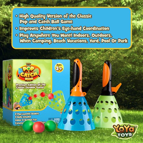 YoYa Toys Pop and Catch Ball Game - Sports & Outdoor Play Toys, Kids Ages 8-12 - Exciting Yard Activities - Perfect for Camping, Beach, Backyard Parties - 2 Catch Launcher Baskets, 3 Balls, PVC Bag