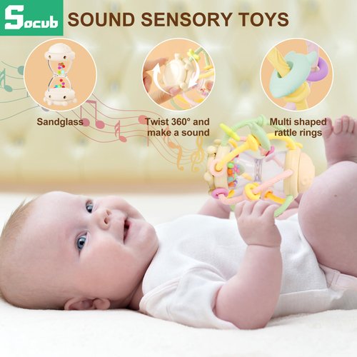 Socub Baby Montessori Sensory Toys for 0-6 6-12 Months, Food Grade Teething Toys for Babies 3-6 6-12 12-18 Months, Newborn Infant Learning Developmental Rattle Toy for 6-12 Months Boys Girls(Beige)
