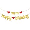 Mom Happy Birthday Banner, Cheers to Monther's Birthday Party Decorations Decors, Women's Birthday/Annversary Party Supplies, Gold&Red Glitter