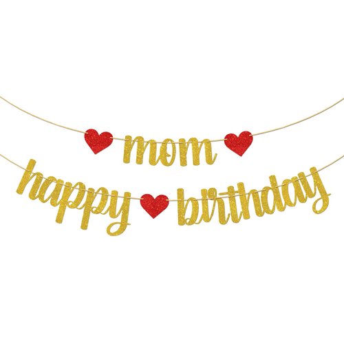 Mom Happy Birthday Banner, Cheers to Monther's Birthday Party Decorations Decors, Women's Birthday/Annversary Party Supplies, Gold&Red Glitter