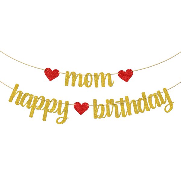 Mom Happy Birthday Banner, Cheers to Monther's Birthday Party Decorations Decors, Women's Birthday/Annversary Party Supplies, Gold&Red Glitter