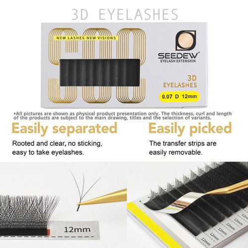 SEEDEW 3D Lash Extensions, 0.07mm C Curl 10mm 12 Rows/Tray, W Shape Flat Stem, Korean PBT Soft Natural False Eyelashes Grafting for Beginner Artist, Lash Tech, Beauty Salon(3D-Matte Black-0.07-C-10mm)