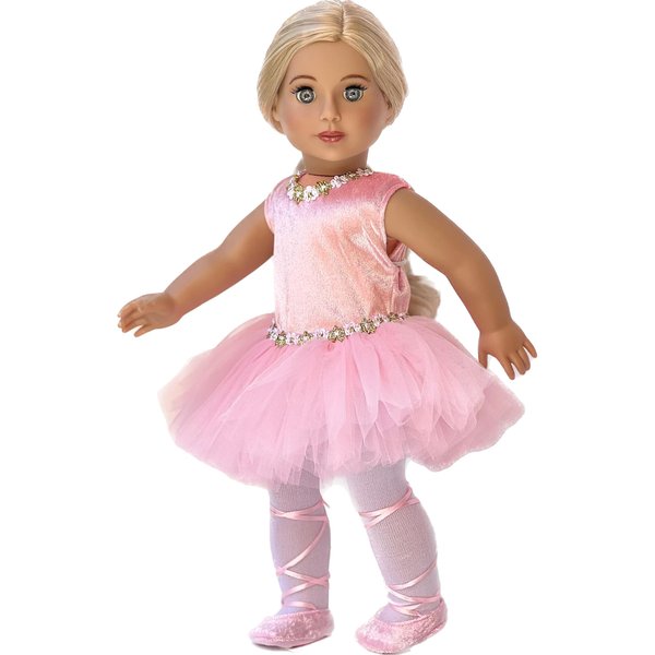 Prima Ballerina - 3 Piece Ballerina Outfit Fits 18 Inch Doll - Pink Leotard with Tutu, White Tights and Ballet Shoes (Doll Not Included)