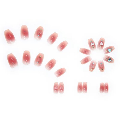 Press on Nails Square Medium Length, Pink Artificial Acrylic Fake Nails with 3D Love Heart Crystal Designs, Full Cover Reusable Coffin False Nails Set Women Glue on Nails Stick on Nails for Nail Art