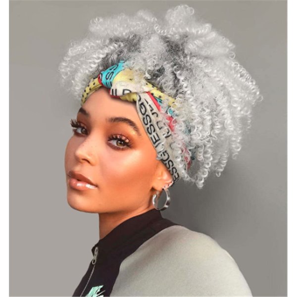 OYSRONG Short Colorful Twist Crochet Braided Headband Afro Wig With Headband Attached Silver Curly Wrap Wigs With Turban Head-wrap Wig
