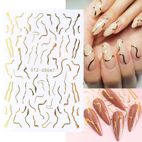 12 Sheets Line Nail Stickers 3D Self-Adhesive Gold Nail Decals, Colorful Wavy Stripe Lines Star Moon Heart Nail Designs French Nail Art Stickers for Women Girls Acrylic Nails Decoration Supplies