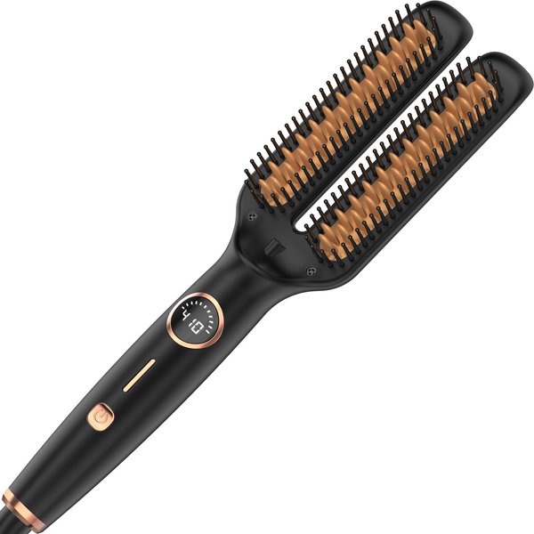 Nimmu Ionic Hair Straightener Brush, Hair Straightening Brush Flat Iron for Women with 5 Temps, Ceramic Straightener Comb Fast Heating for Home Salon, Double Heating Plate & Dual Voltage, Black