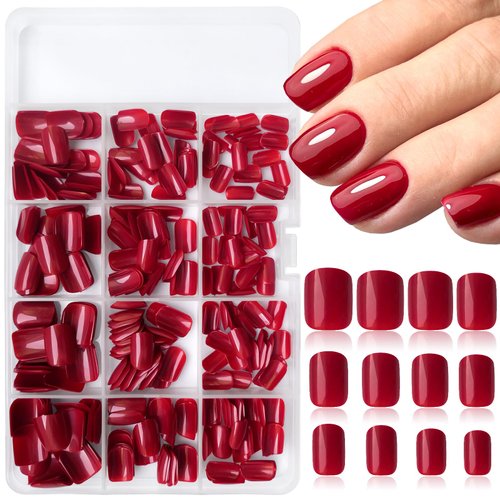 LoveOurHome 360pc Square Press on Nails Short Fake Nails Red Acrylic Press on Nails Square Nail Tips Full Cover Glue Nails Christmas Short Press False Nails with Glue Adhesive Tabs for Women Girls