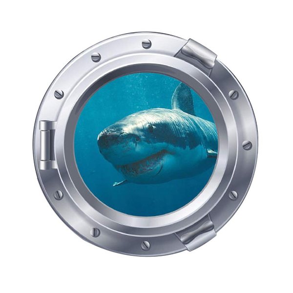 Woodland Arts 3D Undersea Big Shark Porthole Submarine View Tropical Ocean 18 x 18 inch Removable Vinyl Peel and Stick Decorative Wall Decals Stickers for Children Kids Room Nursery