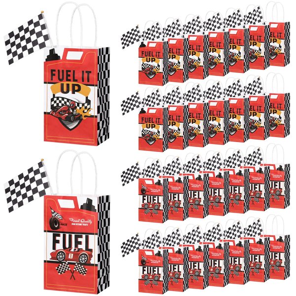 Pajean 32 Pieces Race Car Party Bags with 32 Pieces Checkered Flags Car Party Gifts Bags Black and White Racing Flag Racing Candy Treats Bags with Handle for Race Car Birthday Party Supplies