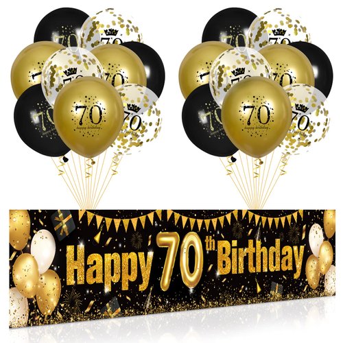 70th Birthday Decorations for Men Women Black and Gold, Black Gold Birthday Yard Banner Sign and 18 PCS 70th Happy Birthday Balloons for 70th Anniversary Birthday Party Supplies Outdoor Yard Decor
