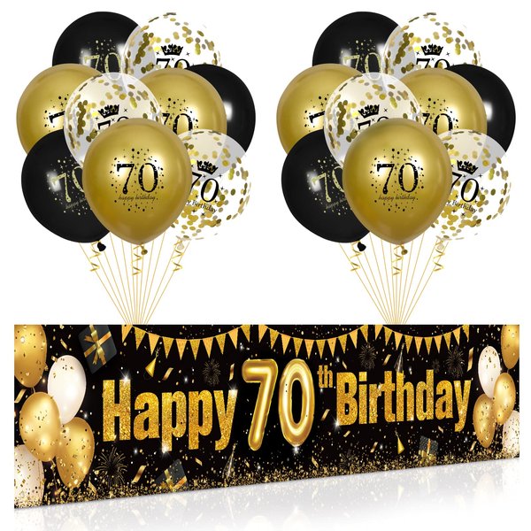 70th Birthday Decorations for Men Women Black and Gold, Black Gold Birthday Yard Banner Sign and 18 PCS 70th Happy Birthday Balloons for 70th Anniversary Birthday Party Supplies Outdoor Yard Decor